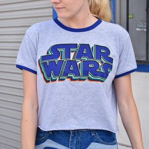 Her Universe Heather Gray Star Wars Cropped Tee with Blue Accents and Raw Hem